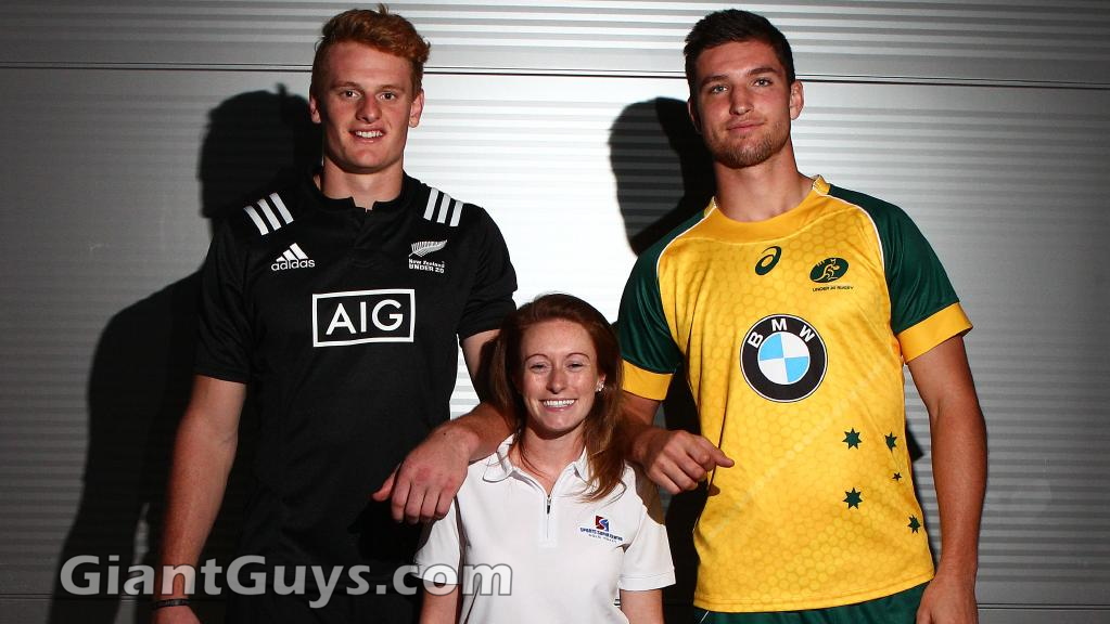 Sam Caird, 19, from New Zealand and Ryan McCauley, 18, from Sydney are both 6 foot 7 inches and tower over Lyndsay Carter who is 4 Foot 9.