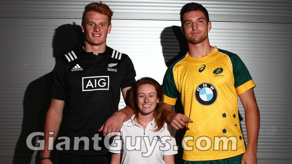 Sam Caird, 19, from New Zealand and Ryan McCauley, 18, from Sydney are both 6 foot 7 inches and tower over Lyndsay Carter who is 4 Foot 9.